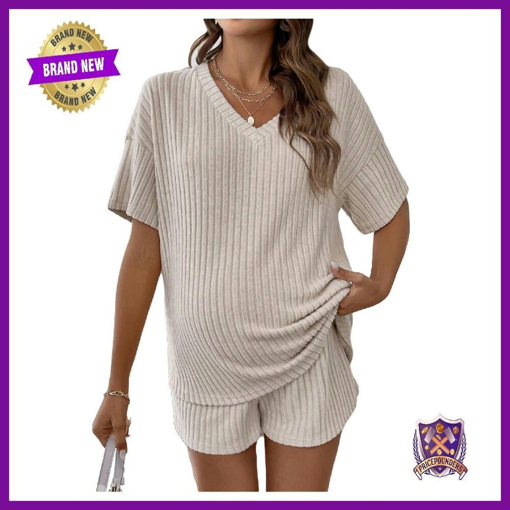 Maternity 2-Piece Set V-Neck Top Elastic Waist Shorts Polyester